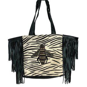 Anthropologie Guadalupe Design Queen Bee Leather Tote Hair Hide Fringe Handmade